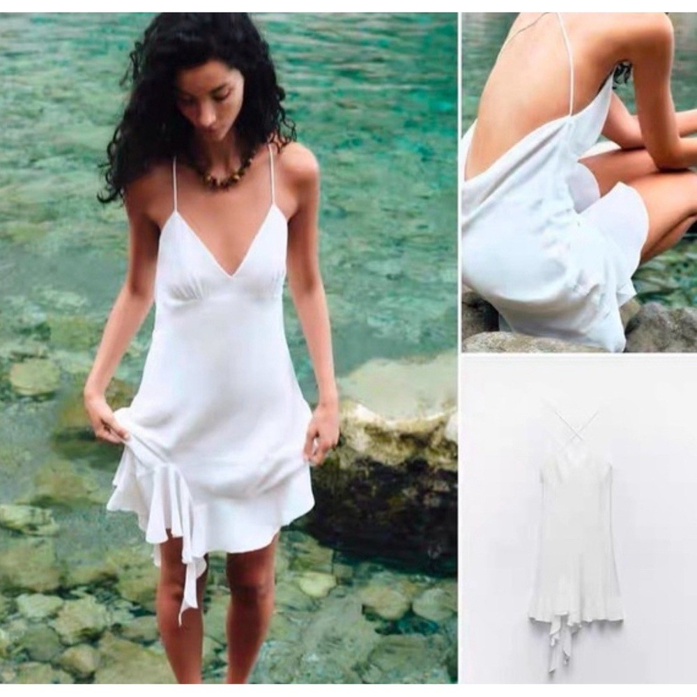 NEW Zara White Mini Dress XL Ruffled Hem Low‎ Back Bridal Wedding Resort Boho